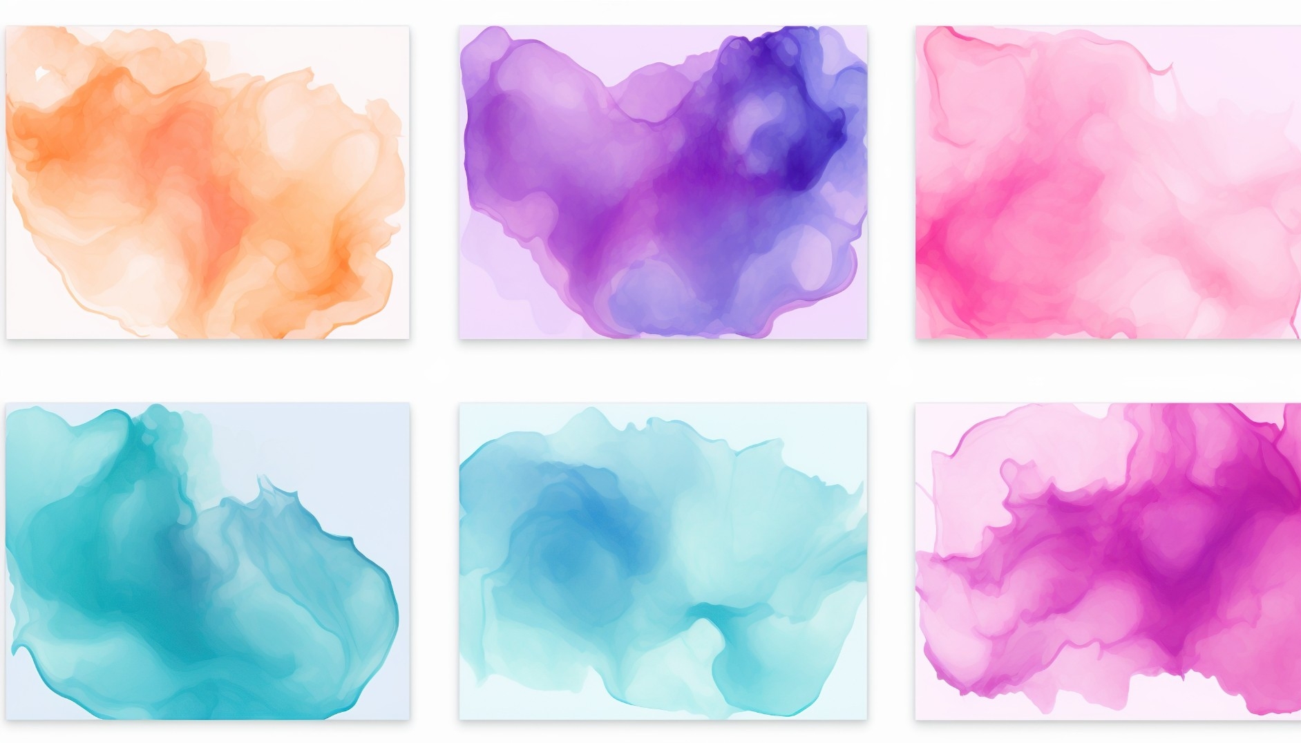 Six distinct watercolor paint blobs with varying shades and gradients in an abstract and artistic representation