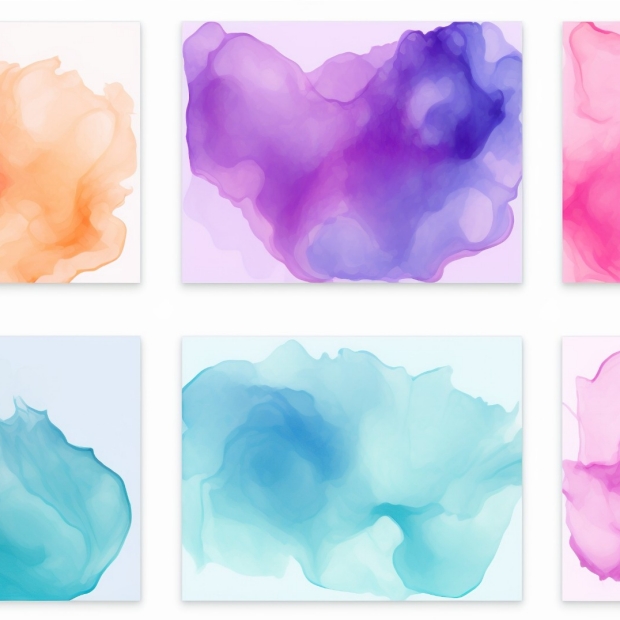 Six distinct watercolor paint blobs with varying shades and gradients in an abstract and artistic representation