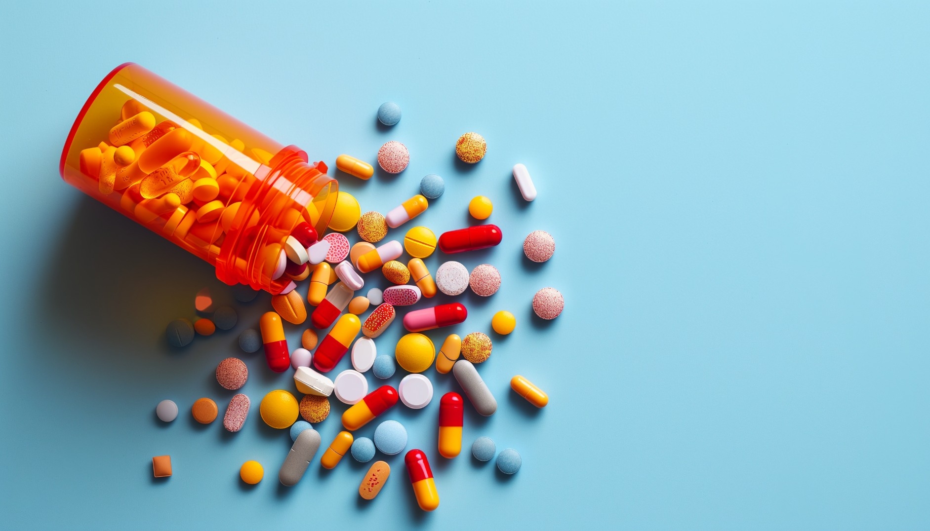 Top view shot of an orange pill bottle with colorful variety of pharmaceutical pills in different colors and shapes, medicine tablets on blue background, generative ai