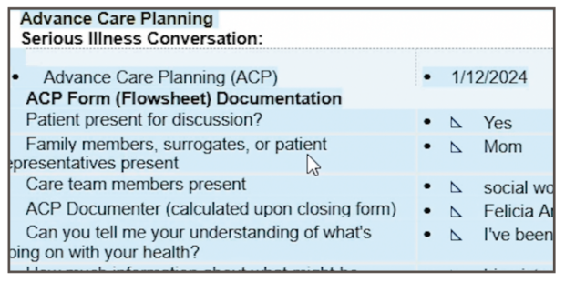 A table with the ACP Form questions and responses that inserts into a progress note upon using the dotphrase .advanacecareplanningSMTform