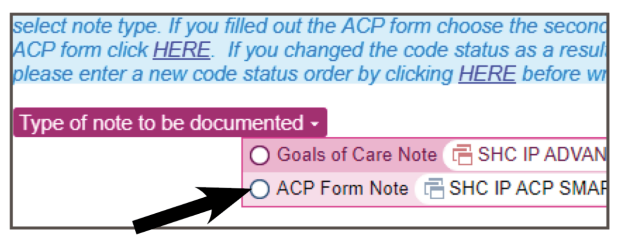 Arrow pointing to "ACP Form Note" choice for the Type of note to be documented in the ACP Note template