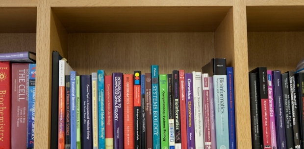 A bookshelf in the CSBF lab