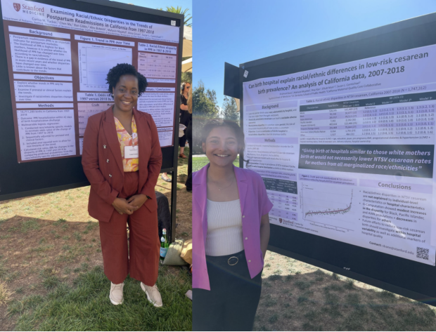 Curisa Tucker and Shalmali Bane in front of posters at MCHRI conference. 