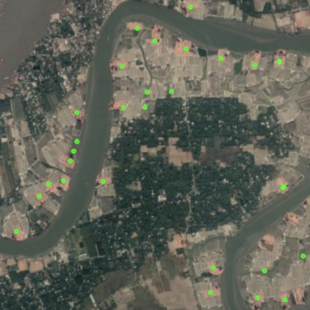 Satellite image of region in Bangaladesh with brick kiln chimneys highlighted. (Image credit: Lee, Brooks, et al. / PNAS)