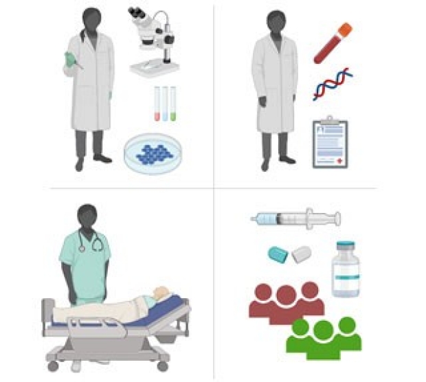 Grid of four research icons, including a doctor at a patient's bedside, researchers in lab coats, and a syringe