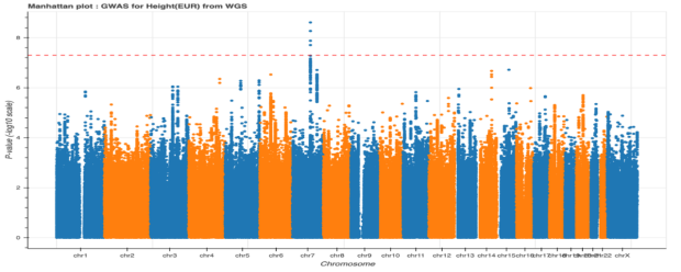 Manhattan plot showing GWAS results for height in Europeans.