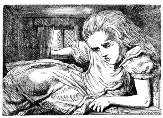 An illustration depicting the symptoms of micropsia, when things appear smaller than they are, from Lewis Carroll