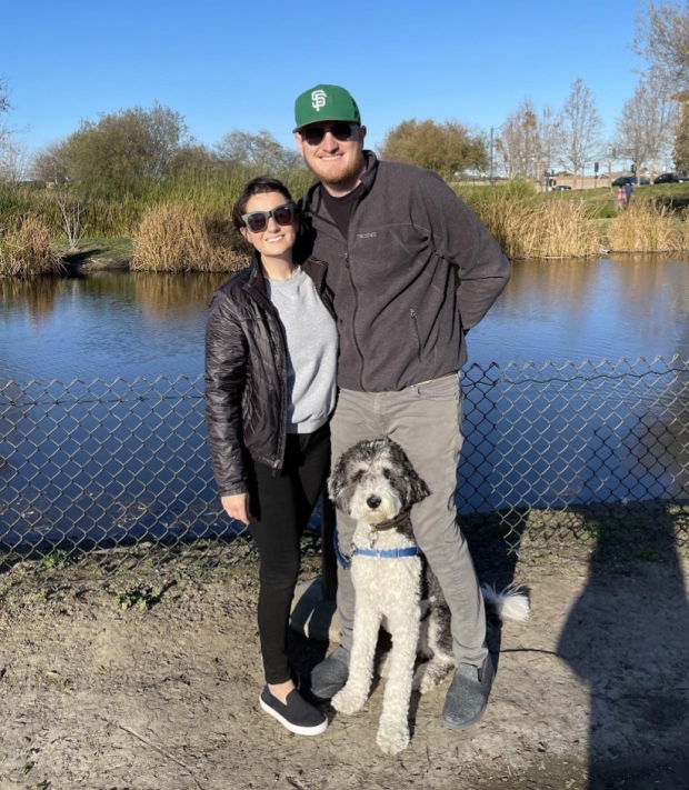 megan, her fiance chris, and her dog murphy
