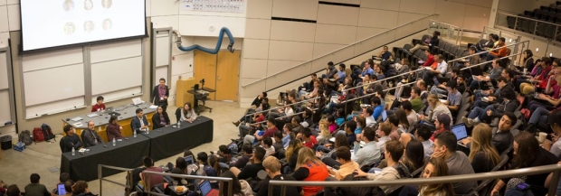 Students in a classroom auditorium