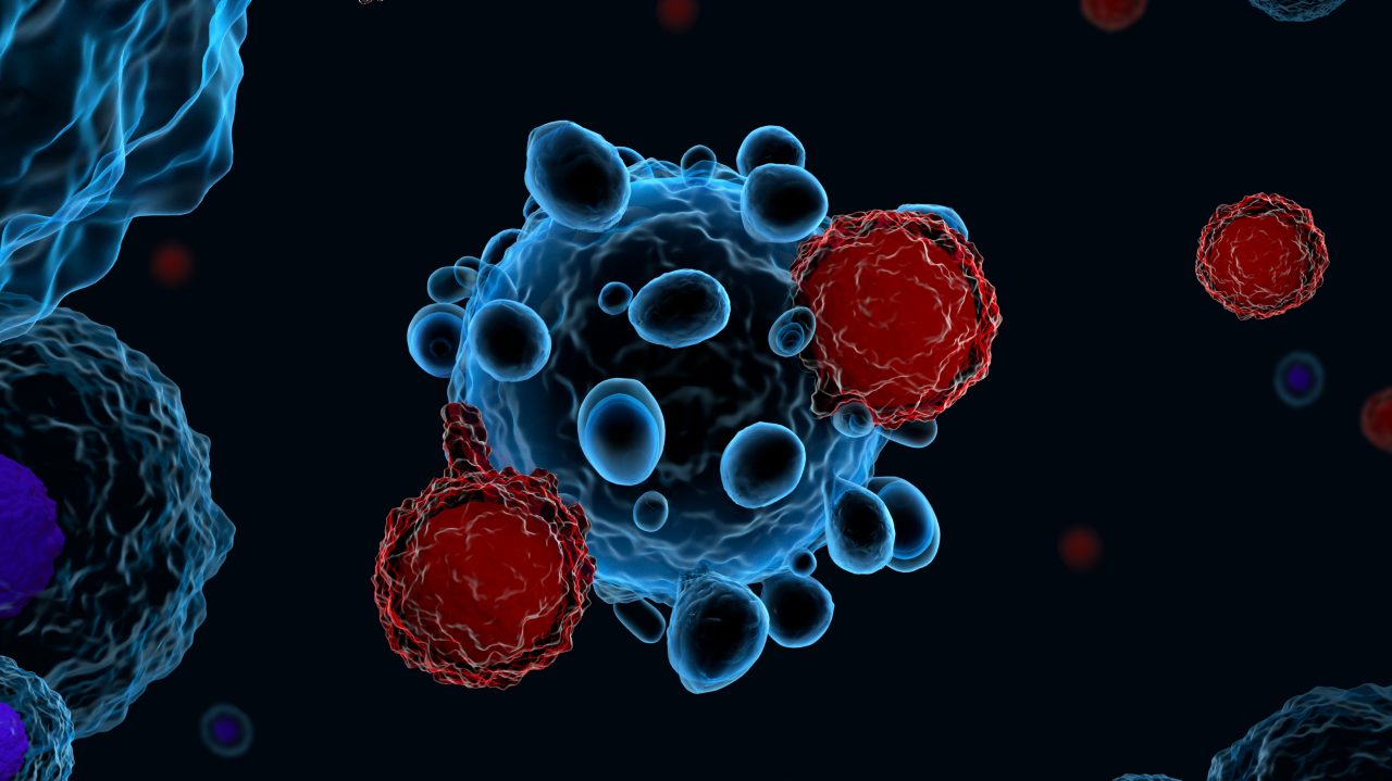 3d illustration of immune system T cells attacking cancer cells (CAR T-cell therapy)