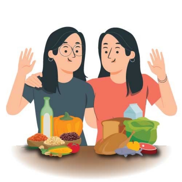 Illustration of two twins with different food items on table