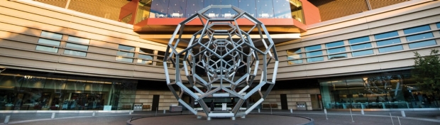 photo of the front of the new hospital showing the bucky ball sculpture