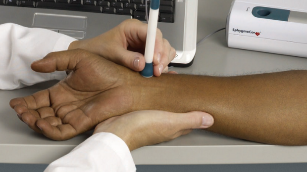 An investigator records the blood pressure pulse profile in a patient