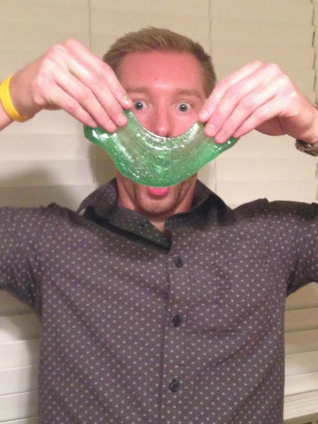 Cory with homemade slime at Kristen’s Semi-Annual Science and Cocktail Night (November 2014)