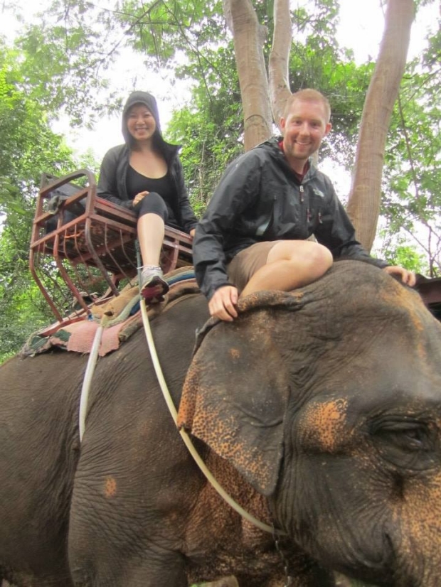 Cawa and Cory riding elephants in Thailand (September 2014)