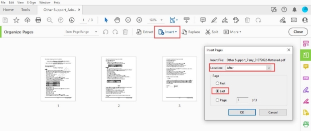 Screenshot of Adobe Organize Pages and Insert Pages Steps